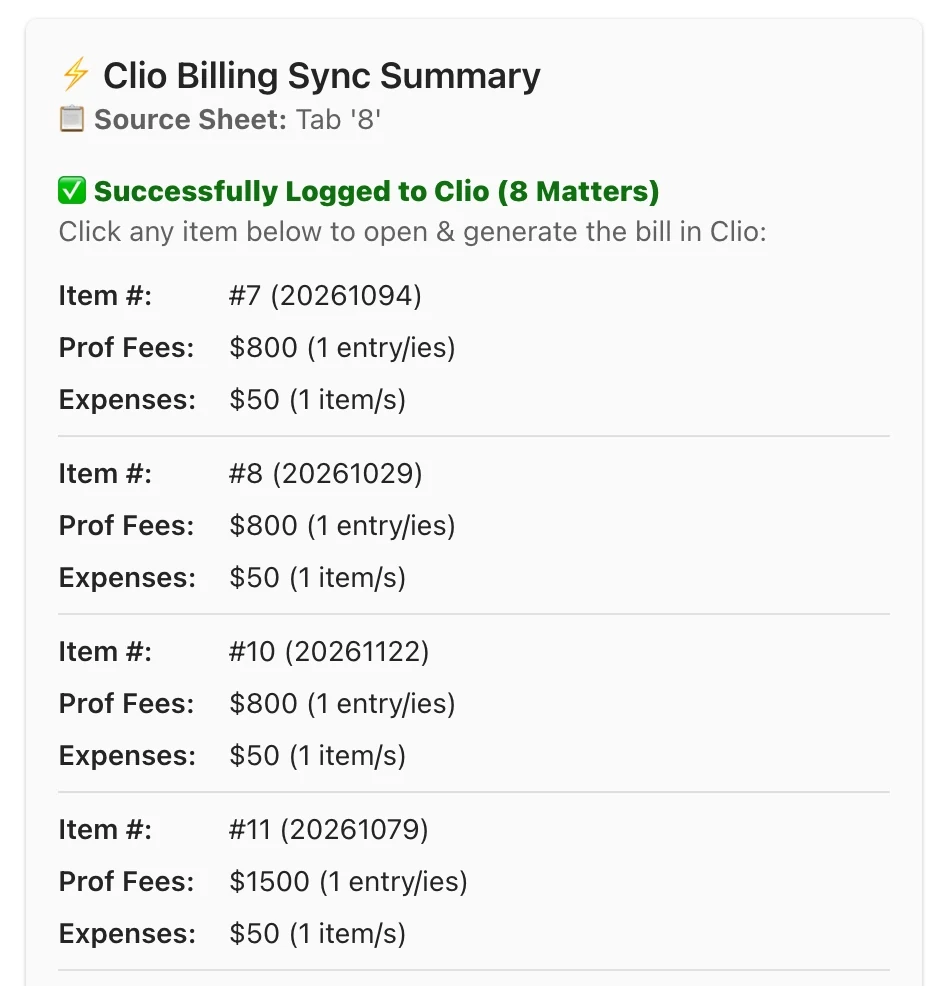 Teams card titled Clio Billing Sync Summary showing eight matters successfully logged to Clio with professional fees and expenses per item