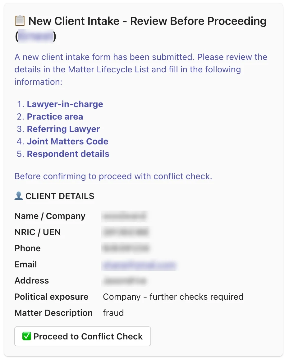 Teams card titled New Client Intake – Review Before Proceeding, listing client details and a Proceed to Conflict Check button