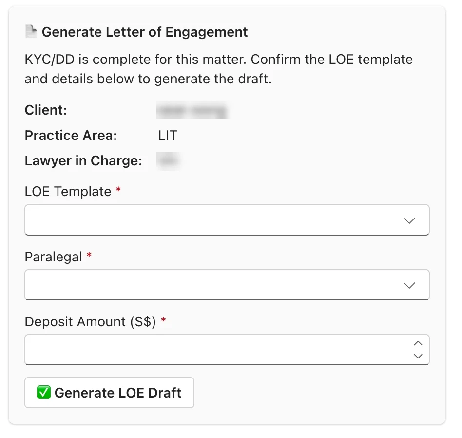 Teams card titled Generate Letter of Engagement with LOE template, paralegal and deposit fields and a Generate LOE Draft button
