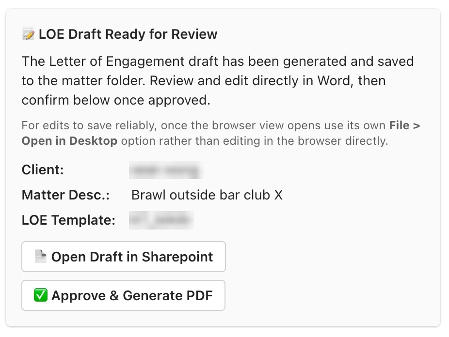 Teams card titled LOE Draft Ready for Review with Open Draft and Approve and Generate PDF buttons